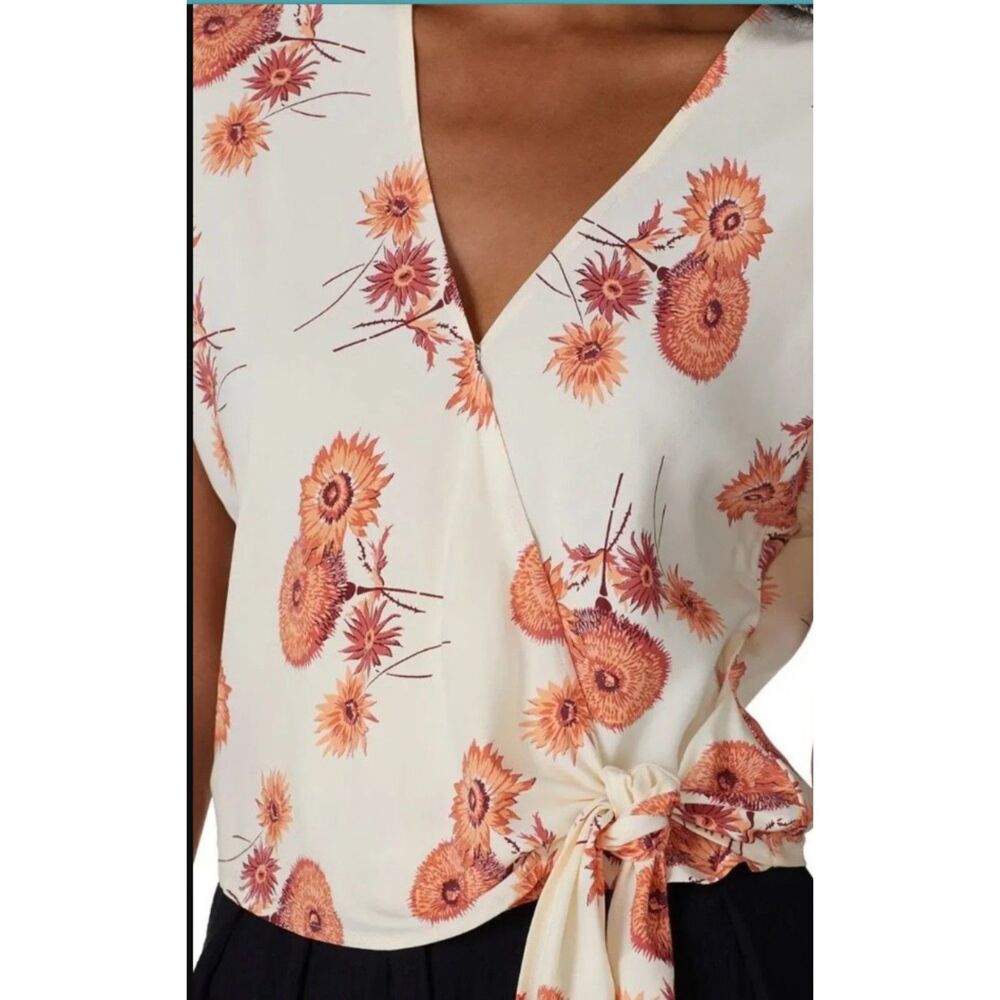Madewell Wrap Tie-Front Cream Blouse with Orange Floral Print | SZ Med